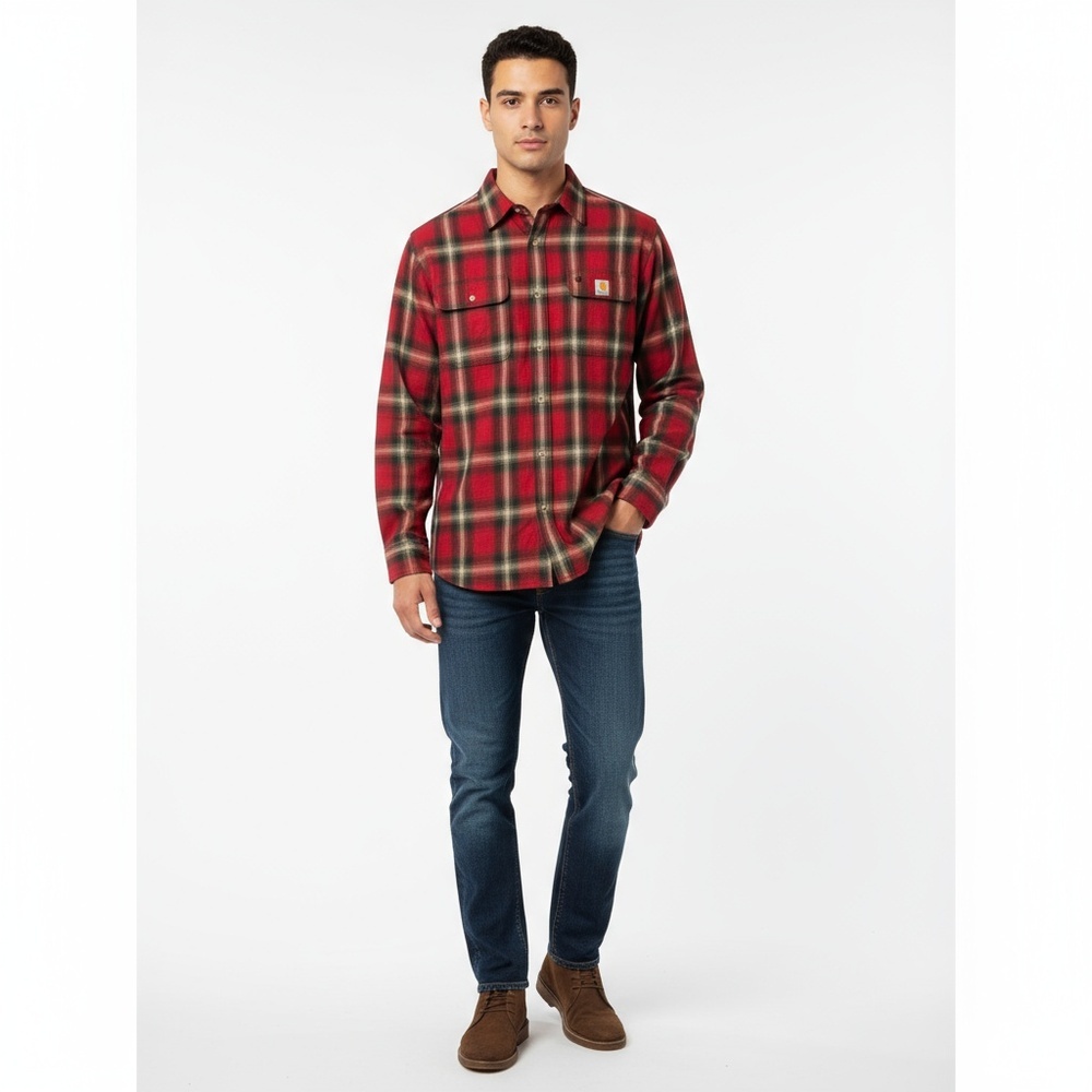 Carhartt Plaid Flannel Shirt Mens L‎ Red Black Excellent Long Sleeve Workwear